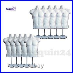 10 Pack Male Torso Mannequin Body Dress Form White Men 10 Stands + 10 Hangers