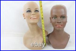 2 Vintage Fiberglass Mannequin Bust Head Wig Painted Eyes Black Girl Smile Rare