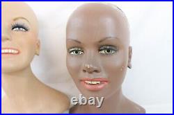 2 Vintage Fiberglass Mannequin Bust Head Wig Painted Eyes Black Girl Smile Rare