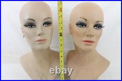 2 Vintage Fiberglass Mannequin Bust Head Wig Painted Eyes Halloween Rare Girl