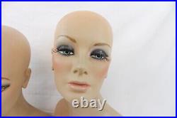 2 Vintage Fiberglass Mannequin Bust Head Wig Painted Eyes Halloween Rare Old