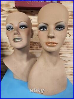 2 Vintage Fiberglass Mannequin Smile Bust Head Wig Painted Eyes Halloween Rare
