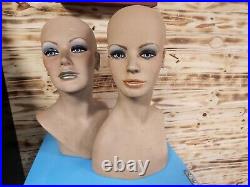 2 Vintage Fiberglass Mannequin Smile Bust Head Wig Painted Eyes Halloween Rare
