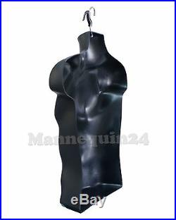 5 MALE TORSO MANNEQUIN FORMS -BLACK with 5 STANDS + 5 Hanging Hooks Men Clothings