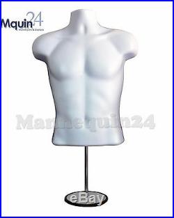 5 Mannequin Male Torsos + 5 Stands & 5 Hangers White Plastic Men Dress Forms