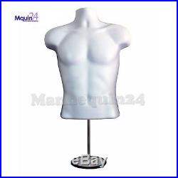 5 Mannequin Male Torsos + 5 Stands & 5 Hangers White Plastic Men Dress Forms
