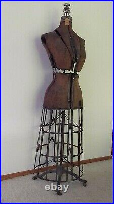 Antique 1912 Vintage Mannequin Dress Form with Cast Iron Base on Wooden Wheels