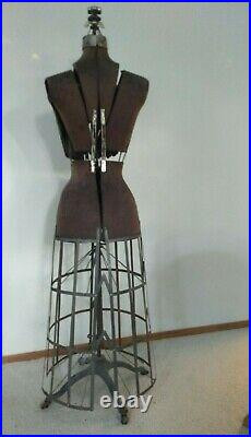 Antique 1912 Vintage Mannequin Dress Form with Cast Iron Base on Wooden Wheels