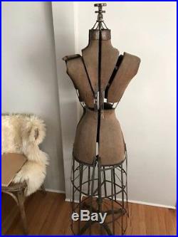 Antique Dress Form with Metal Cage Bottom & Wooden Casters