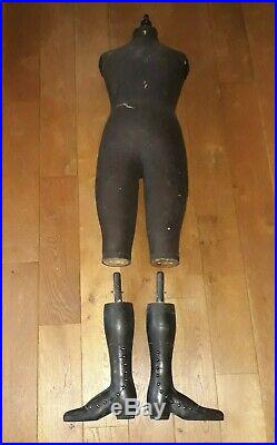 Antique French Napoleon 3 Dressform mannequin with wooden legs, marked Stockman