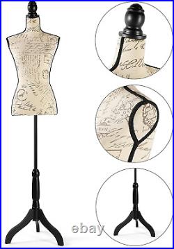 Female Dress Form Mannequin Adjustable Height Black Tripod Stand Beige Printing
