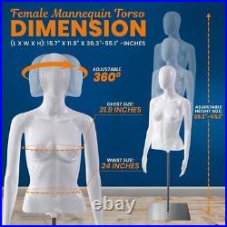 Female Mannequin Torso, Adjustable Height and Detachable Arms Dress Form Display
