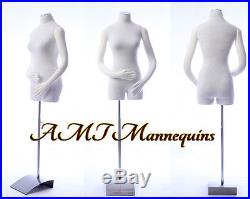 Female mannequin torso with pinnable body, arms + hands white body, dress form-RB