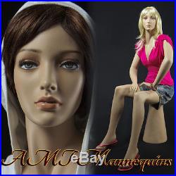 Female sitting mannequin, hand made fiberglass manikin Joan+ pedestal