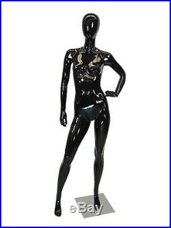 Full Body Egg Head Adult Female Glossy Black Fiberglass Mannequin with Base