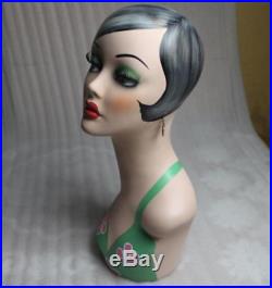 Hand Painted Vintage Fiberglass Mannequin Head Unique Makeup Wig Jewelry Display