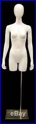Ladies Adult Fiberglass Glossy White Egg Head 3/4 Torso Mannequin with Base