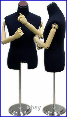 MN-204 BLACK JERSEY Male Dress Form Mannequin, Posable Articulate Arms/Fingers