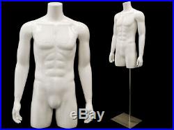 Male Adult 3/4 Fiberglass Glossy White Headless Mannequin Torso with Metal Stand
