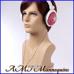 Male mannequin head displays wigs, hats, scarves, glasses, ear phones, head MO