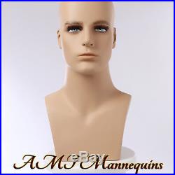 Male mannequin head displays wigs, hats, scarves, glasses, ear phones, head MO