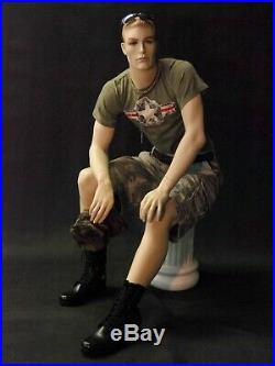 Realistic Face Adult Male Seated Fiberglass Mannequin with Molded Hair + Stool