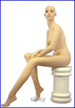 Realistic Fleshtone Adult Female Fiberglass Seated Mannequin with Stool and Wig