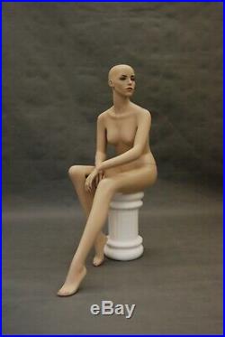 Realistic Fleshtone Adult Female Fiberglass Seated Mannequin with Stool and Wig