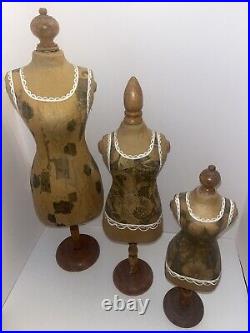 Set Of Vintage Dress Form Sewing Craft Decor Paper Mache Wood Sewing Mannequins