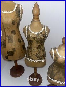 Set Of Vintage Dress Form Sewing Craft Decor Paper Mache Wood Sewing Mannequins