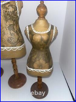 Set Of Vintage Dress Form Sewing Craft Decor Paper Mache Wood Sewing Mannequins