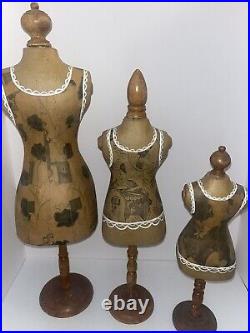 Set Of Vintage Dress Form Sewing Craft Decor Paper Mache Wood Sewing Mannequins