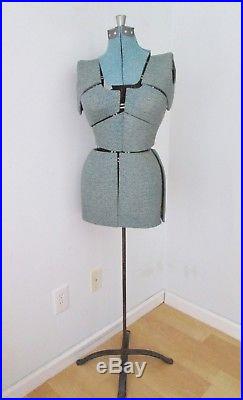 VGC Vtg Adjustable Dress Form Mannequin Metal Stand Blue Fabric Covering