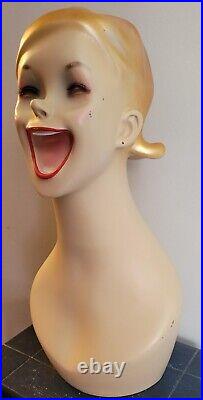 Vintage Fiberglass Female Mannequin Laughing Smiling Head Display Jewelry Cool