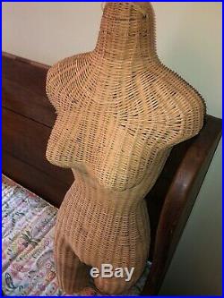 Vintage Womens Female Wicker Woven Rattan Torso Body Mannequin Dress Form