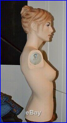 Vtg Mannequin Female Torso Display Bust Shabby Eyelashes Molded Hair & Breasts